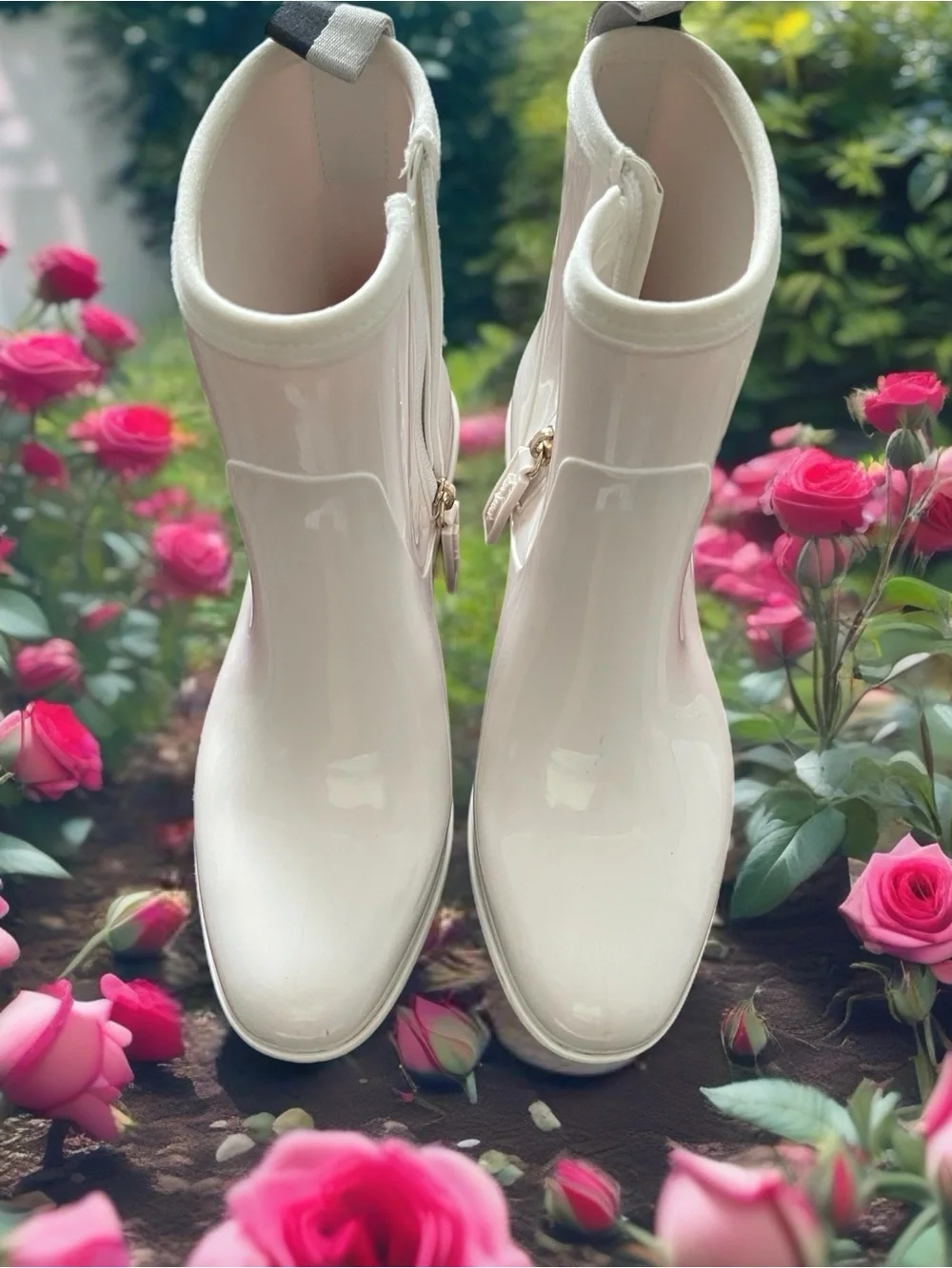 kate spade Glossy Cream Zip-Accent Rain Ankle Boots